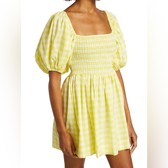 S/W/F Gingham Puff-Sleeve Mini Dress Golden Path Yellow